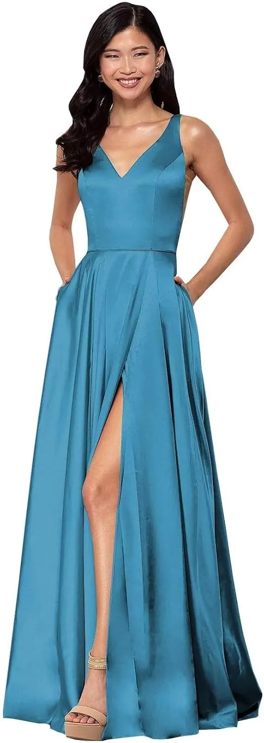 Women's Long A-Line Satin Prom Dresses High Slit V-Neck Backless Formal Party Evening Ball Gowns with Pockets