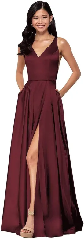 Women's Long A-Line Satin Prom Dresses High Slit V-Neck Backless Formal Party Evening Ball Gowns with Pockets