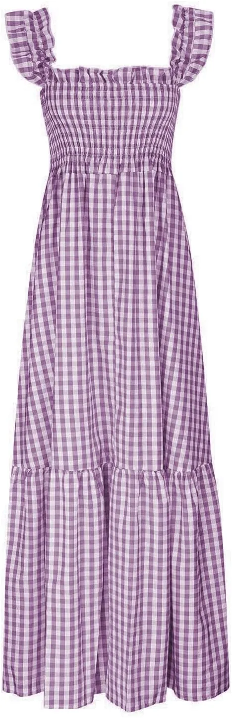 Women's Sleeveless Dress Retro Plaid A-Line Smocked Maxi Long Dress Square Neck Ruffle Flowy A-Line Beach Sundress