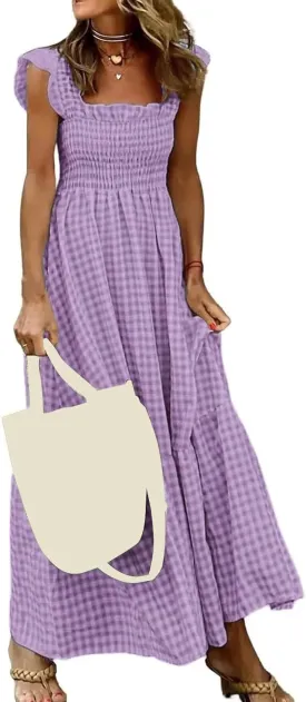 Women's Sleeveless Dress Retro Plaid A-Line Smocked Maxi Long Dress Square Neck Ruffle Flowy A-Line Beach Sundress