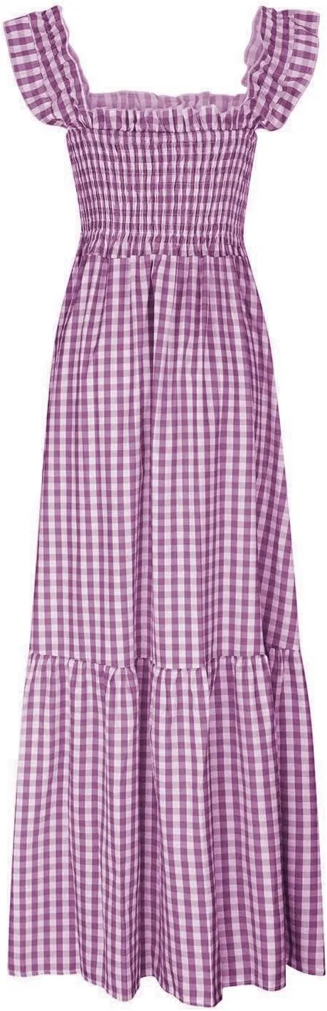 Women's Sleeveless Dress Retro Plaid A-Line Smocked Maxi Long Dress Square Neck Ruffle Flowy A-Line Beach Sundress