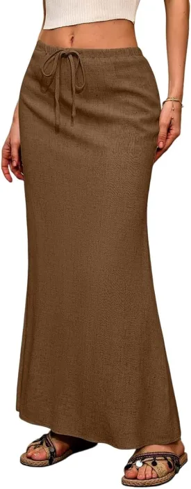 Womens Summer Maxi Skirts Elastic Waist Drawstring Back Slit Flared Skirt Casual Dressy Linen A-Line Flowy Long Skirt