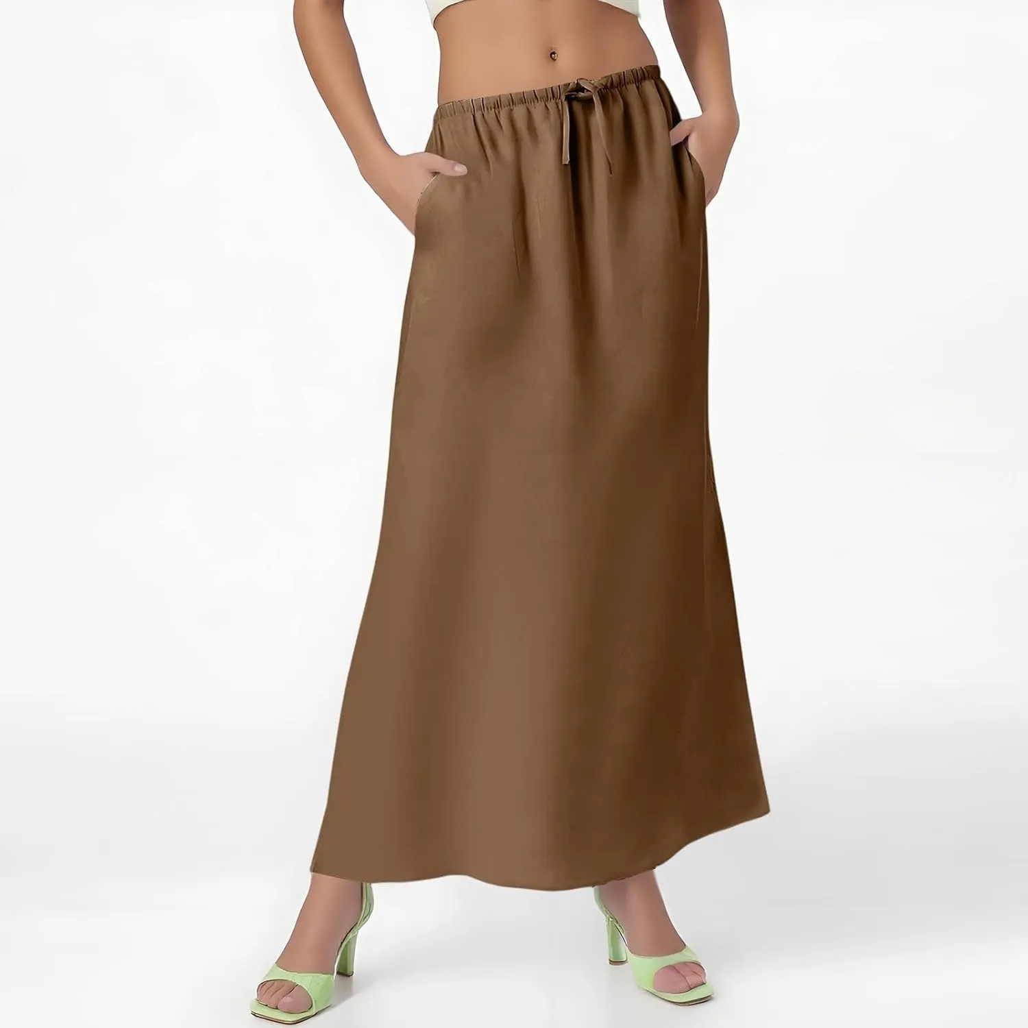 Womens Summer Maxi Skirts Elastic Waist Drawstring Back Slit Flared Skirt Casual Dressy Linen A-Line Flowy Long Skirt