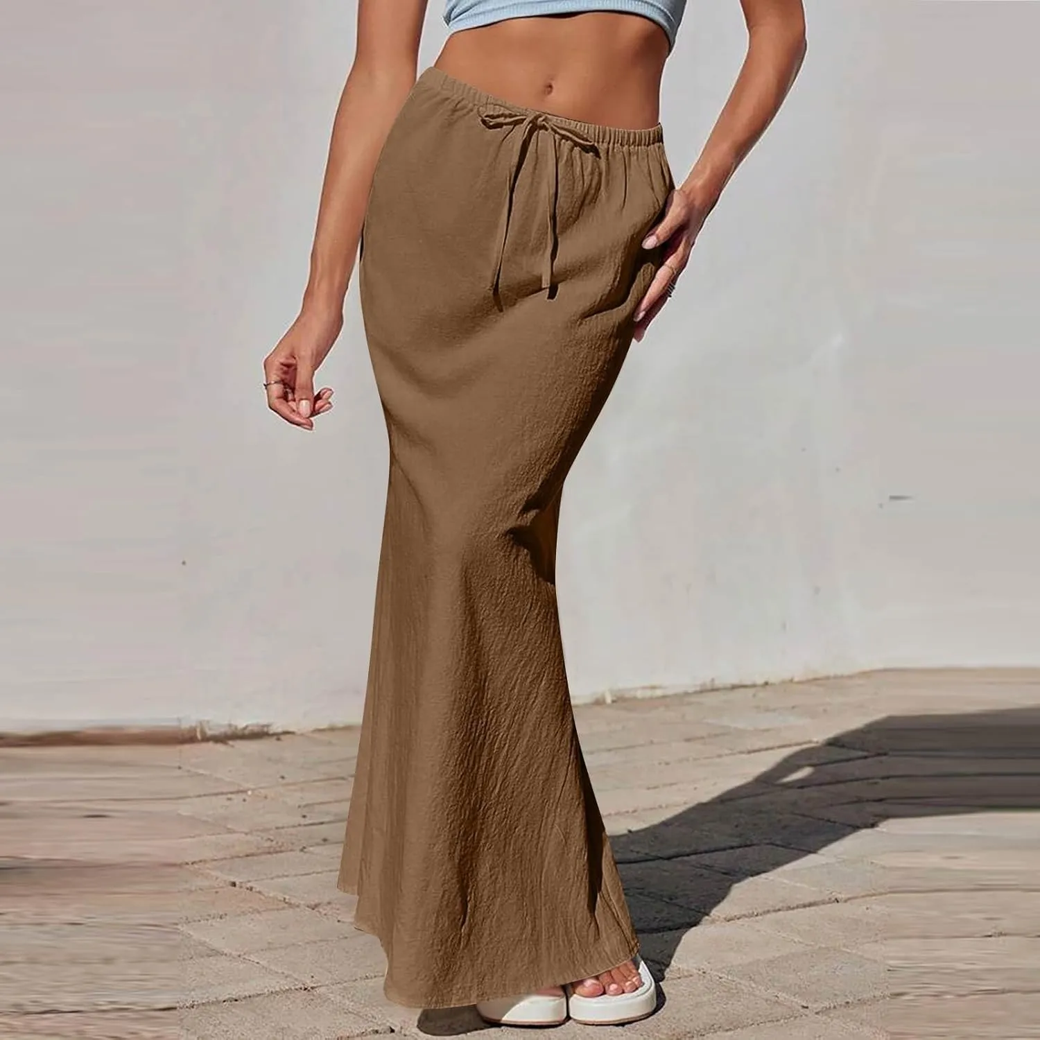Womens Summer Maxi Skirts Elastic Waist Drawstring Back Slit Flared Skirt Casual Dressy Linen A-Line Flowy Long Skirt