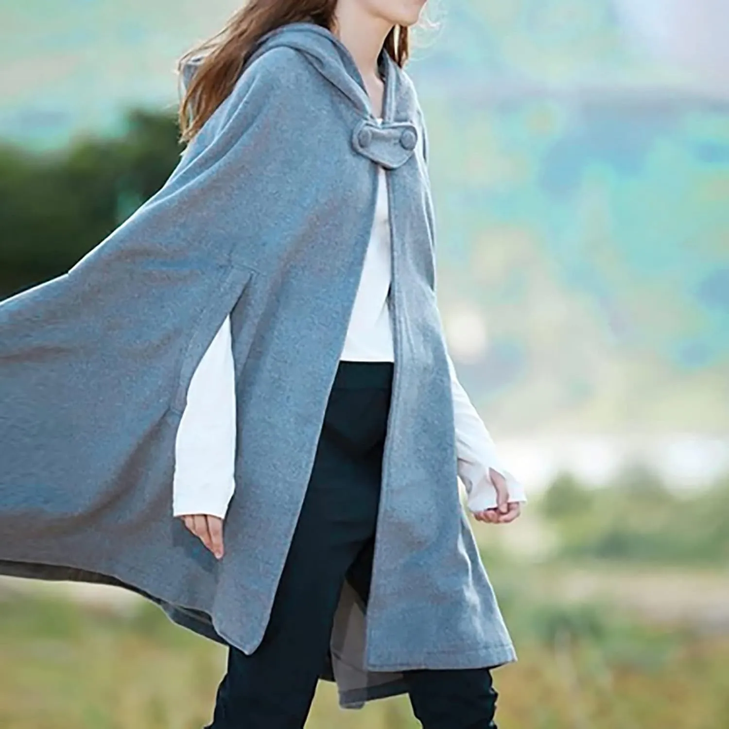 XUNRYAN Women's Winter Fall Wool-Blend Hooded Cape Coats Poncho Cropped Cloak with Hood Halloween Christmas Costumes