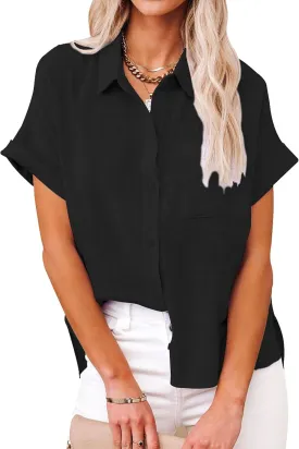 YeonYoonA Womens Button Down Shirts Summer Solid Color Blouses Linen Beach Casual Tops Loose V Neck Tops with Pockets