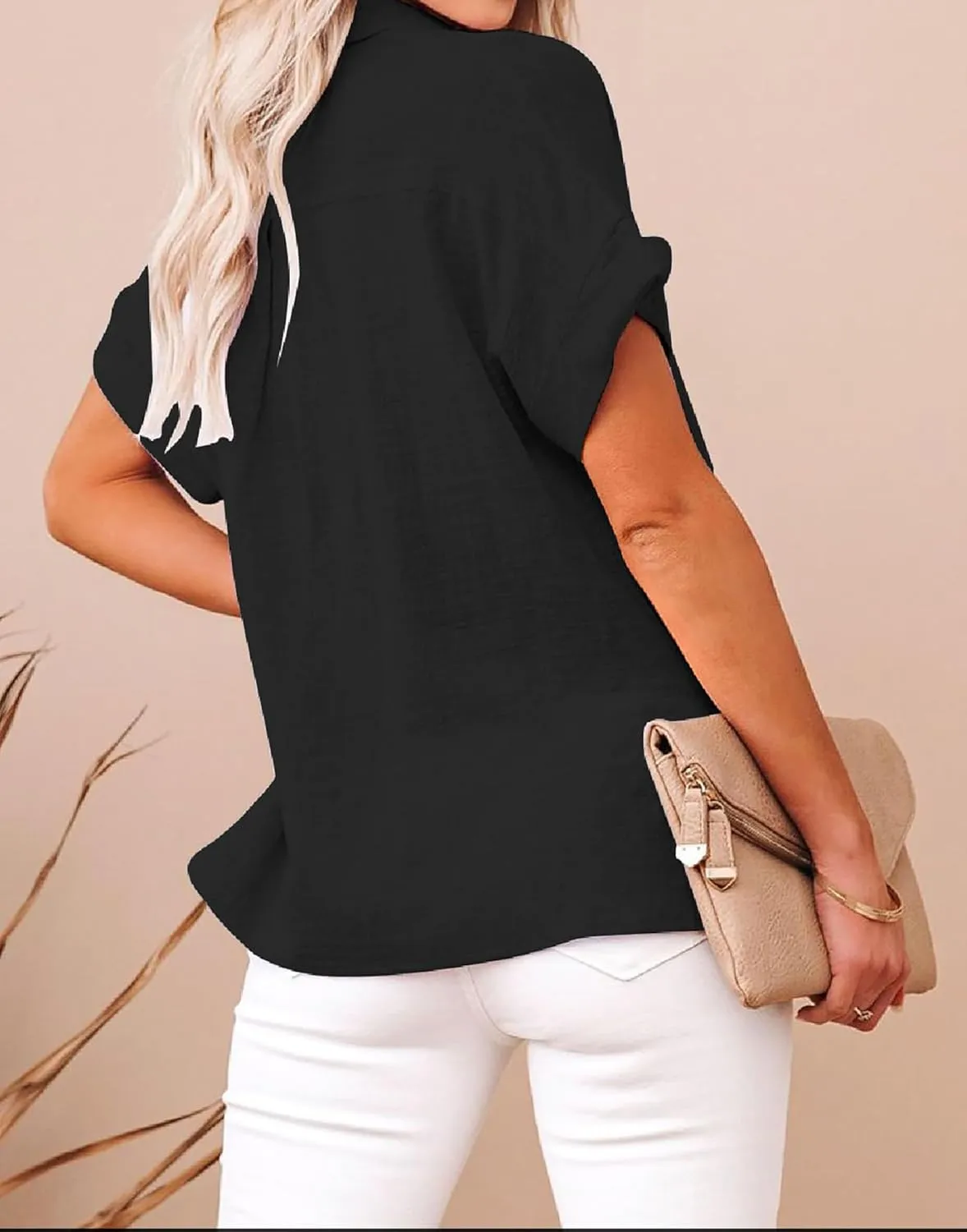 YeonYoonA Womens Button Down Shirts Summer Solid Color Blouses Linen Beach Casual Tops Loose V Neck Tops with Pockets