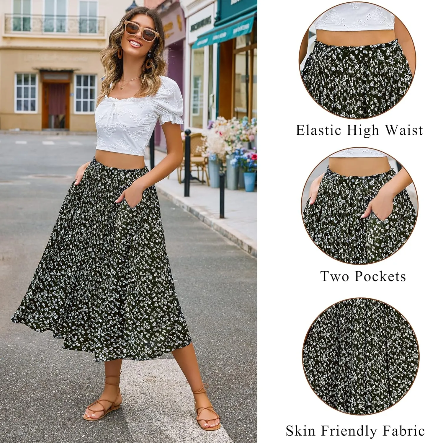 Zeagoo Women's Midi Skirts High Waisted Pleated A-Line Swing Skirts Summer Floral Long Skirts with Pockets