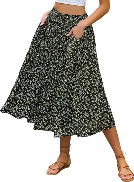 Zeagoo Women's Midi Skirts High Waisted Pleated A-Line Swing Skirts Summer Floral Long Skirts with Pockets