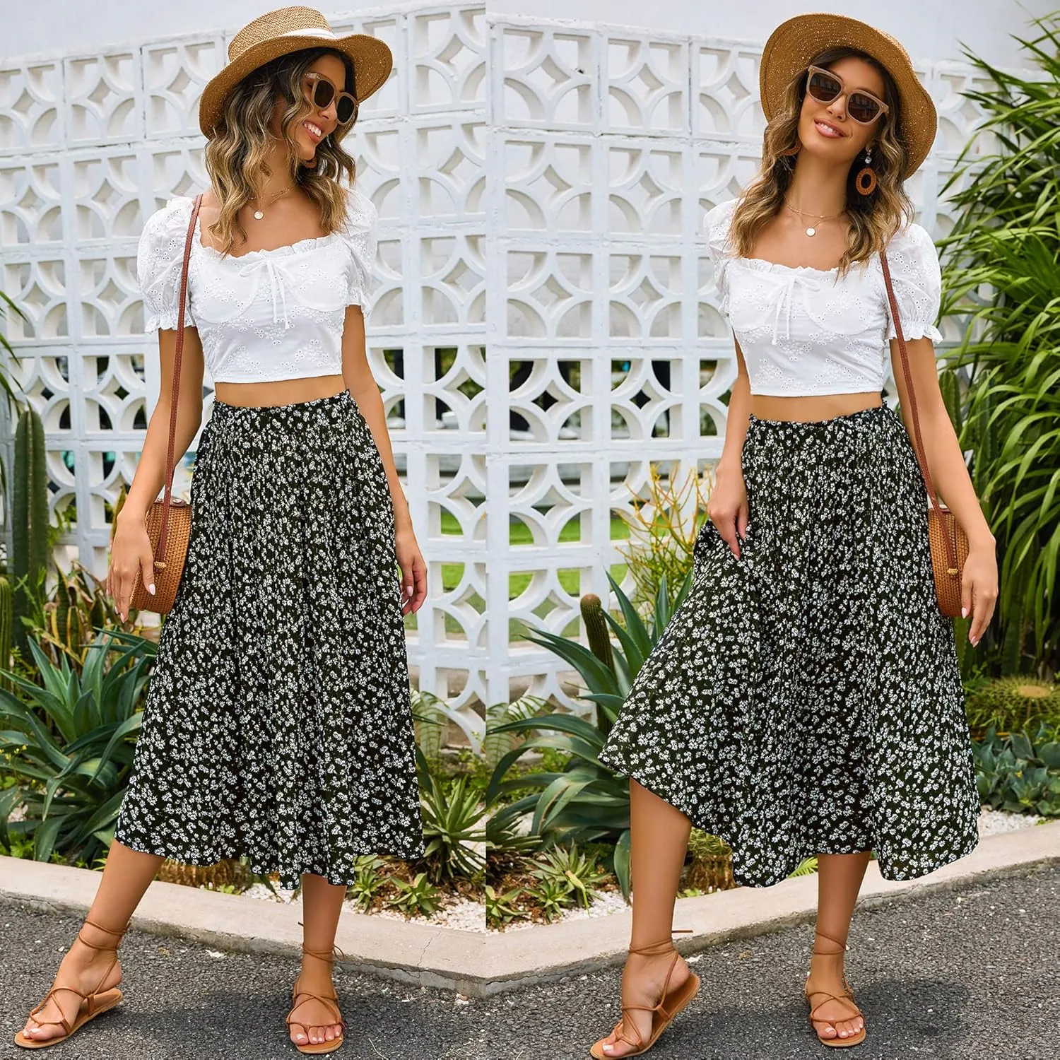 Zeagoo Women's Midi Skirts High Waisted Pleated A-Line Swing Skirts Summer Floral Long Skirts with Pockets