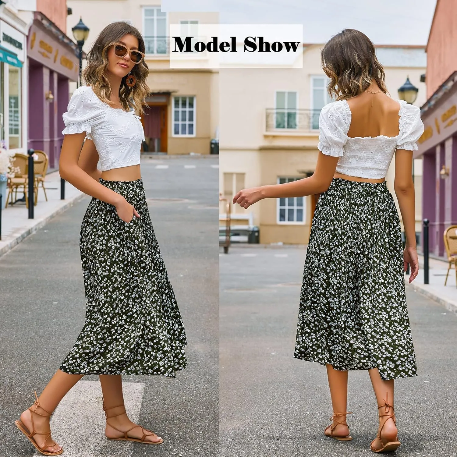 Zeagoo Women's Midi Skirts High Waisted Pleated A-Line Swing Skirts Summer Floral Long Skirts with Pockets